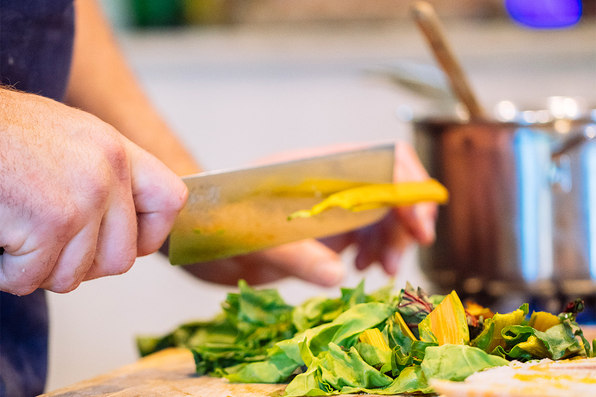 chopping rainbow chard