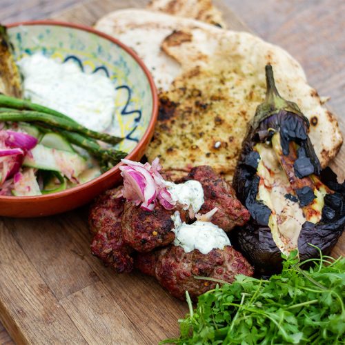 lamb koftas with flatbread and grilled aubergine