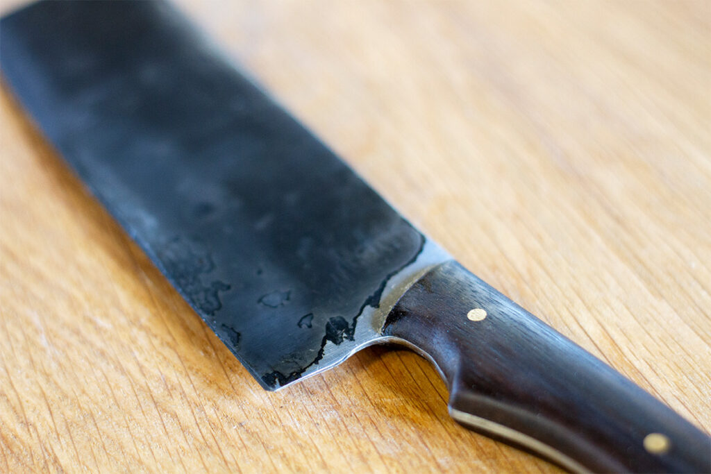 patina on the blade of a pareusi nakiri knife