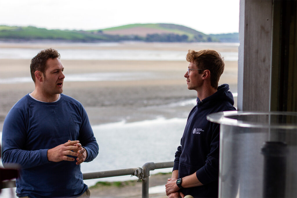 chef rupert cooper talking to chris weston at  padstow lobster hatchery