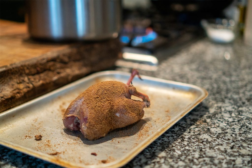 partridge with spice rub about to be roasted